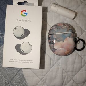 Google Pixel Buds Pro with Floral Case - White